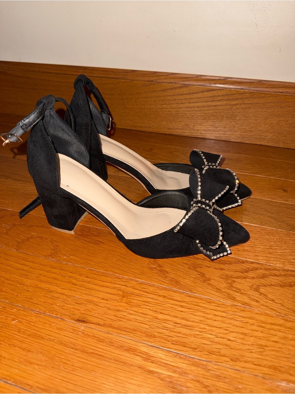 Women's Black Ankle-Strap Block Heel Pumps with Crystal Bow